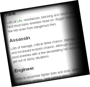 A slice of textual game documentation on character archetypes.